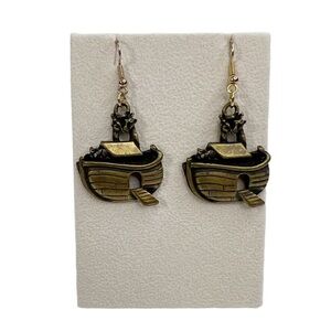 Antiqued Brass Metal Noah’s Ark Pierced Dangle Earrings
